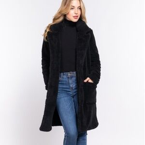 NEW Soft Faux Fur Notched Collar Patch Pocket Sherpa Coat- Button Front- S-M-L